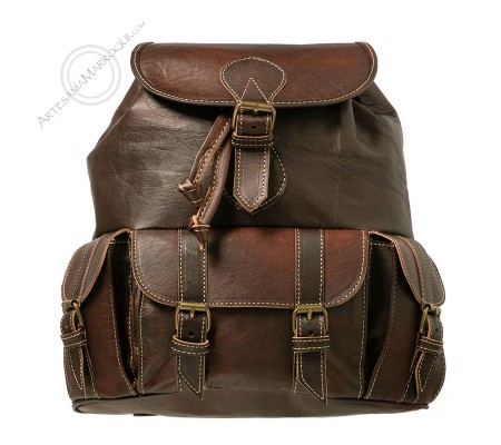 Sac à dos en cuir 3 poches moyen foncé