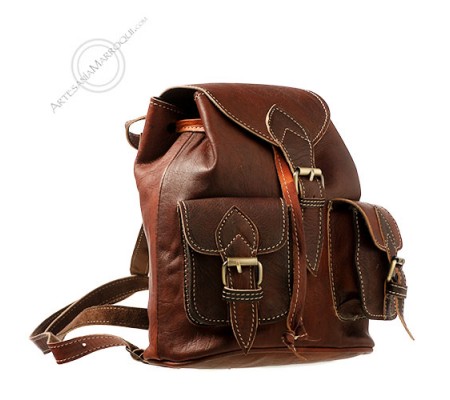 Mini two pockets cognac leather backpack