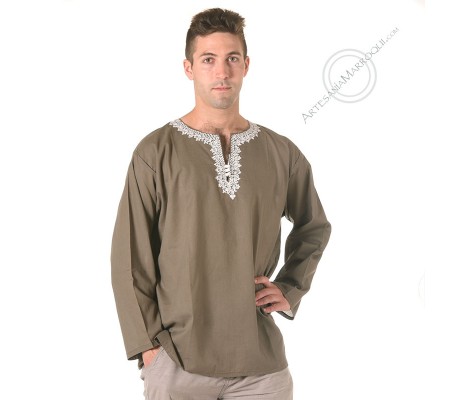 Khaki arabic shirt with white embroidery