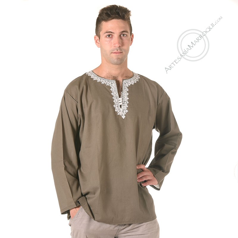 periscopio El propietario A merced de Camisa caqui con bordados blancos | ropa árabe para hombre |  Artesanía-Marroquí.com