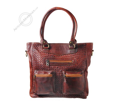 Braided leather bag in cognac color