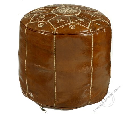 Large brown embroidered leather pouf