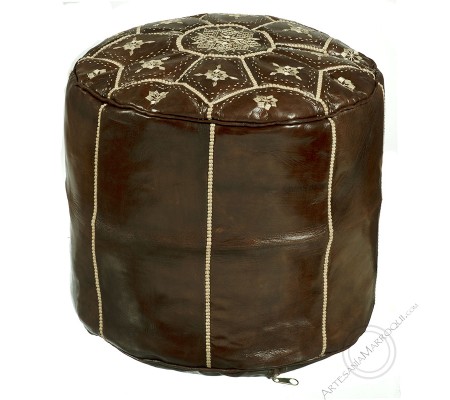 Large dark brown embroidered leather pouf