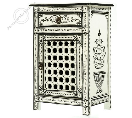 White nightstand with black drawings