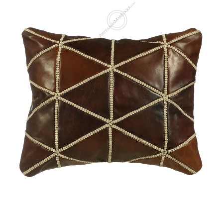 Embroidered dark leather cushion