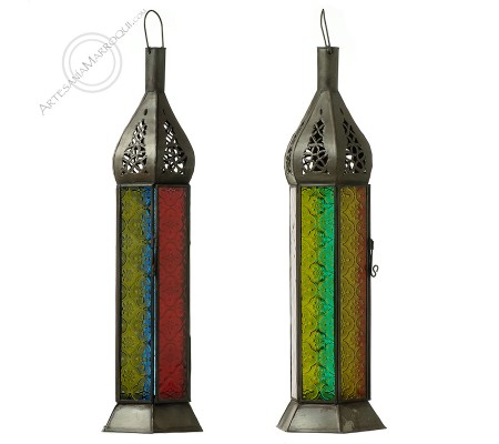 Lanterne-bougeoir en fer et verre couleur