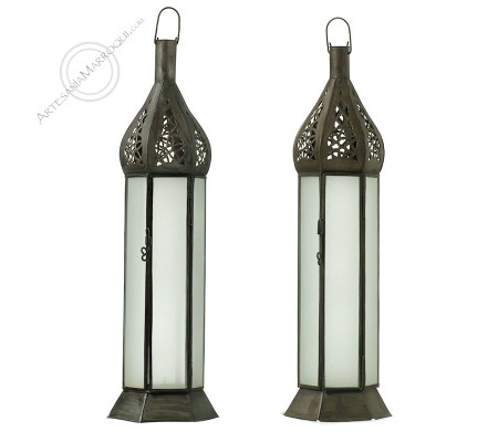 Sheet metal and frosted glass lantern-candle holder
