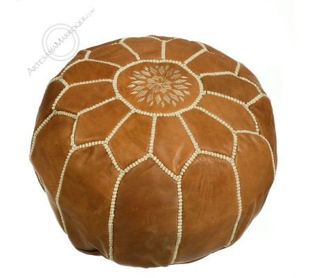 Small brown embroidered leather pouf