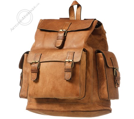 Camel leather backpack with carabiner closure
