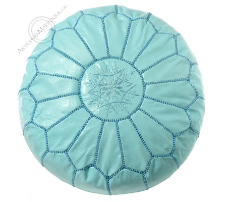 Turquoise embroidered leather pouffe