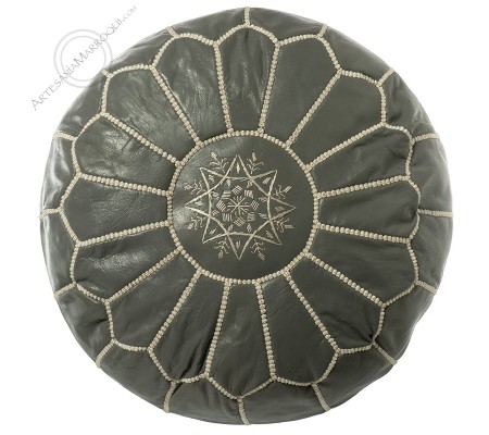 Gray embroidered leather pouffe