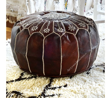 Cognac embroidered leather pouf