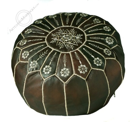 Dark brown embroidered leather pouf