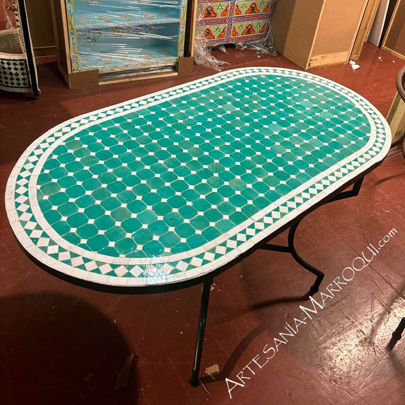 Mesas mosaicoMesa mosaico 150x80 cm oval turquesa y blanco