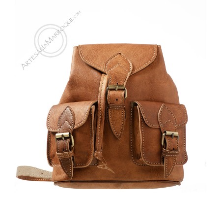 Mini two pockets Camel leather backpack