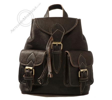 Mini two pockets dark leather backpack