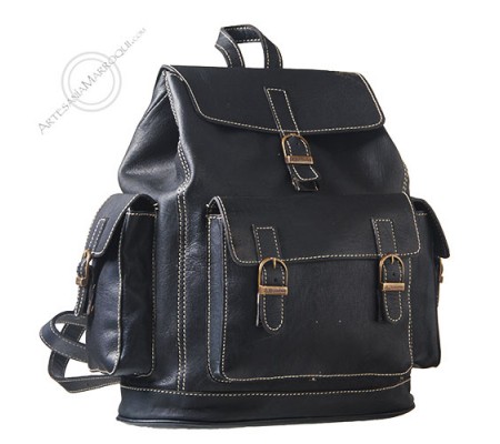 Black leather backpack with carabiner closure