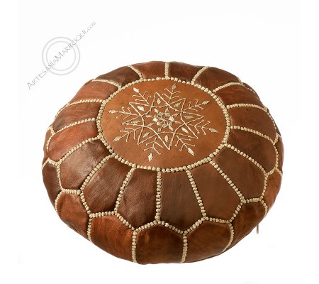 Small camel embroidered leather pouf